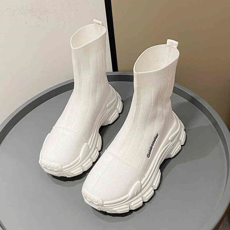 Spring Autumn Flyknit Elastic Thick Sole Heeled Boots