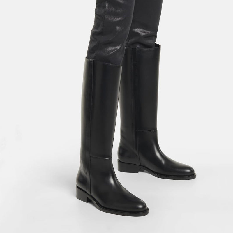 Women's Large Size Black Leather Low Heel High Boots