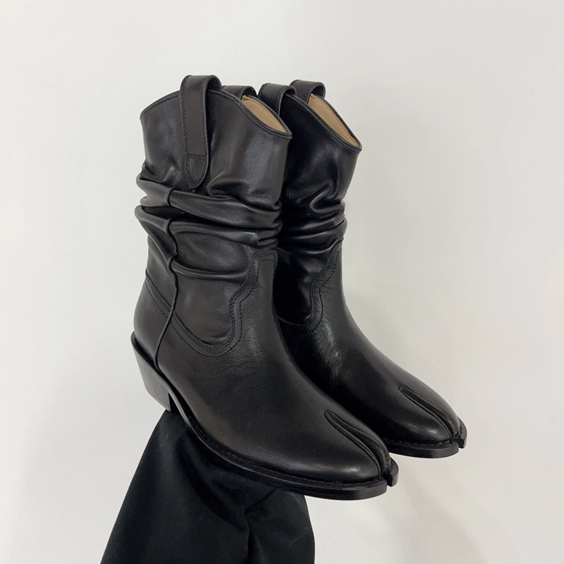 Round Toe Leather Split Toe Ankle Boots with Horseshoe Heel