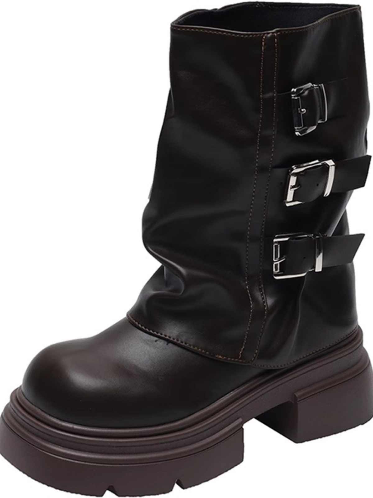 Genuine Leather Belt Buckle Platform Motorcycle Boots