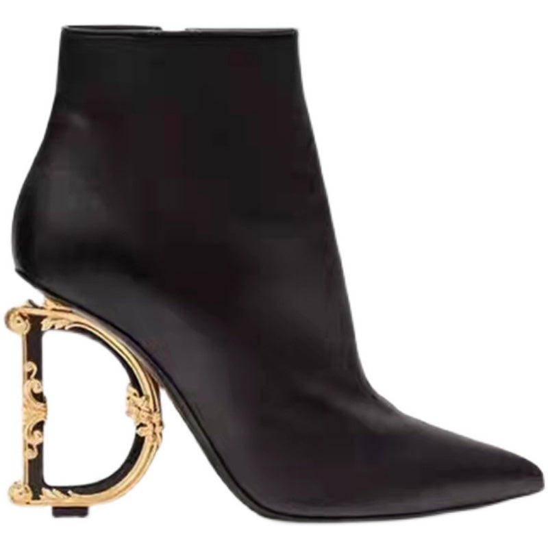 Women's Cowhide Sheepskin Pointed Toe High Heel Boots