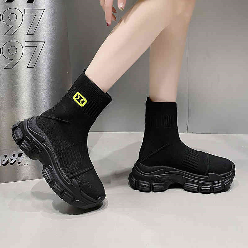 Spring Autumn Flyknit Elastic Thick Sole Heeled Boots