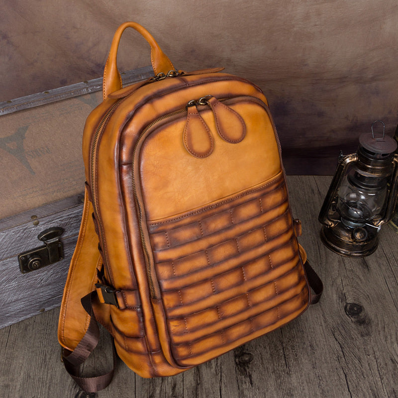 Vintage Cowhide Leather Men's Backpack, Zippered Pockets