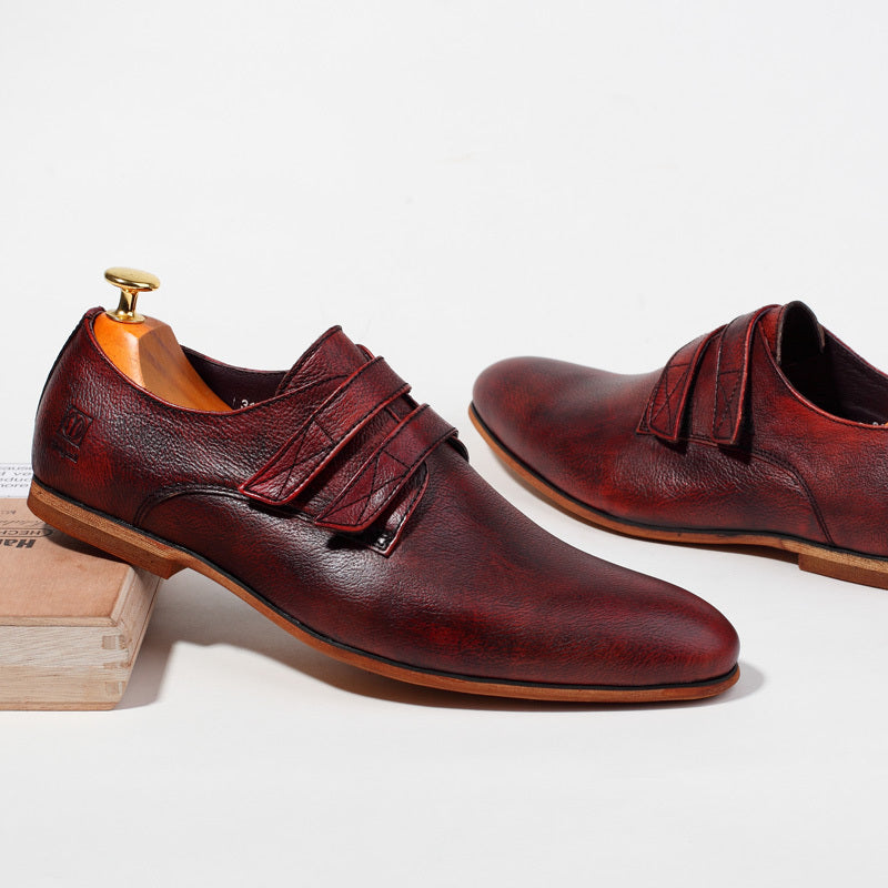 Handmade Vintage Men's Leather Shoes, Wine Red/Yellow