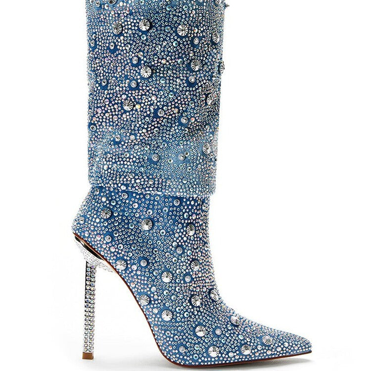 Women’s Fashion Denim Blue Pointed Toe Boots