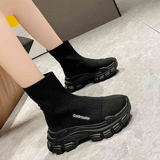 Spring Autumn Flyknit Elastic Thick Sole Heeled Boots