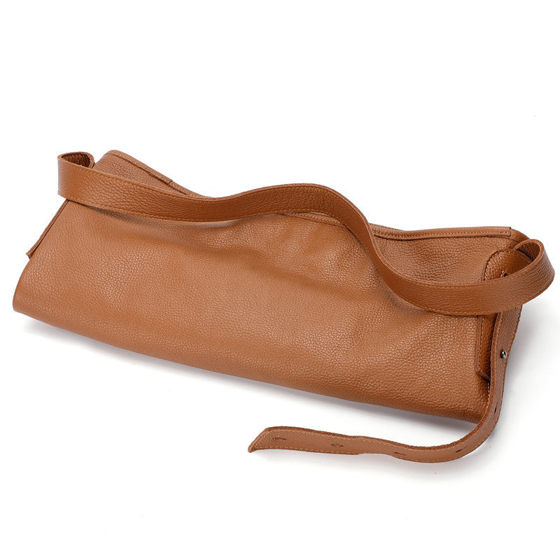 Large First Layer Cowhide Leather Bucket Bag - Black Khaki