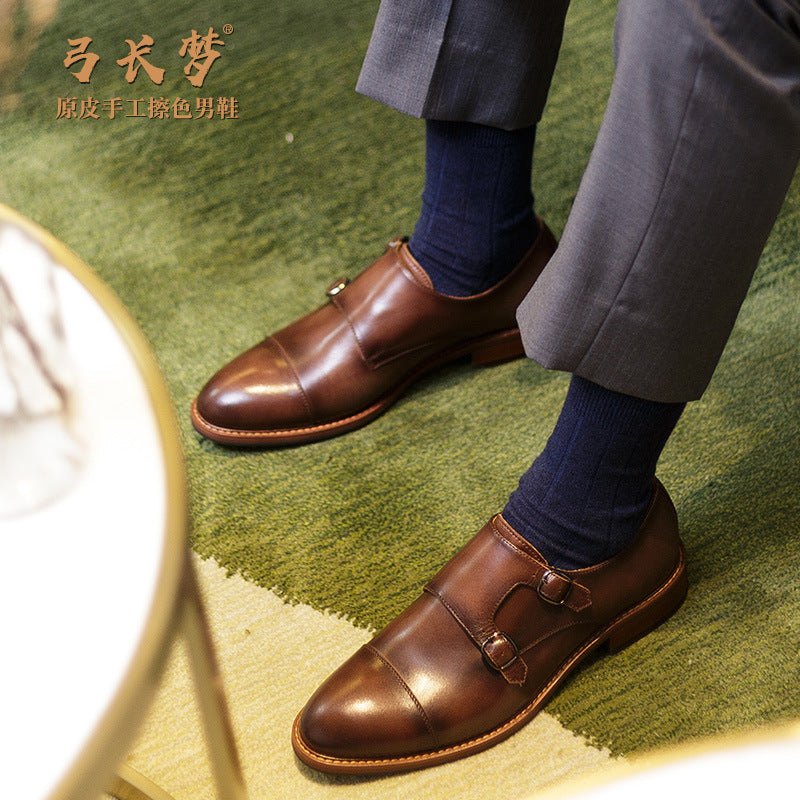Men's Business Formal Cowhide Monk Shoes, Handmade