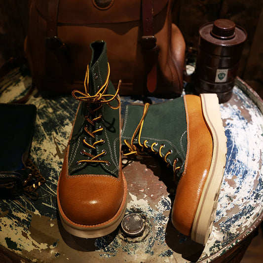 Vintage Handmade Leather Platform Canvas Short Boots