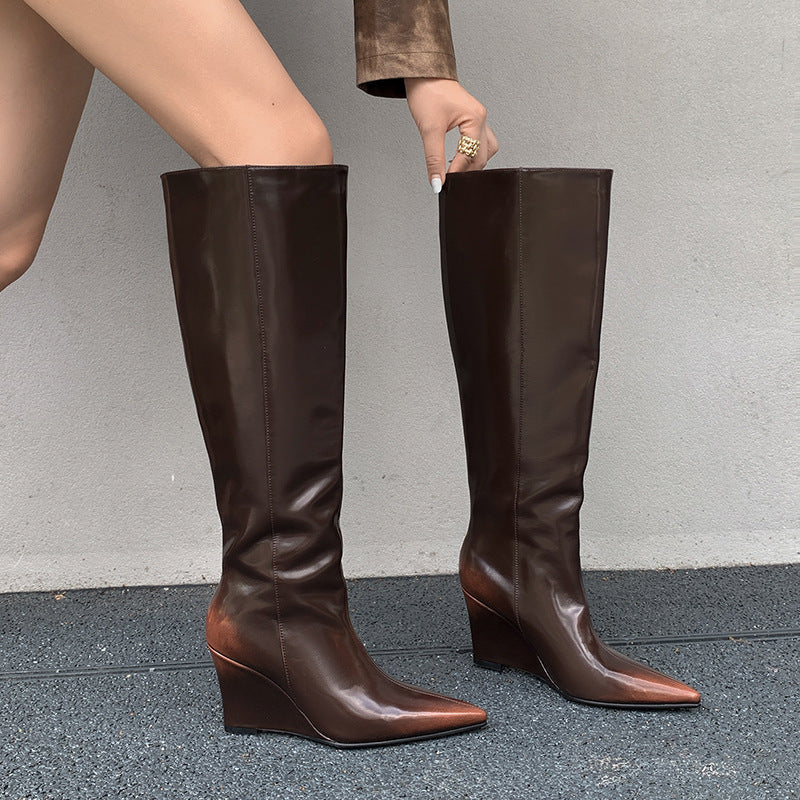 Women’s Cowhide Pointed Toe Wedge High Boots