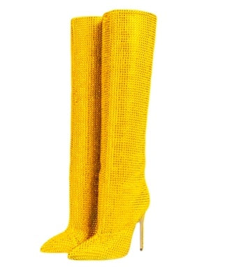 Velvet Rhinestone Pointed Toe Stiletto Boots