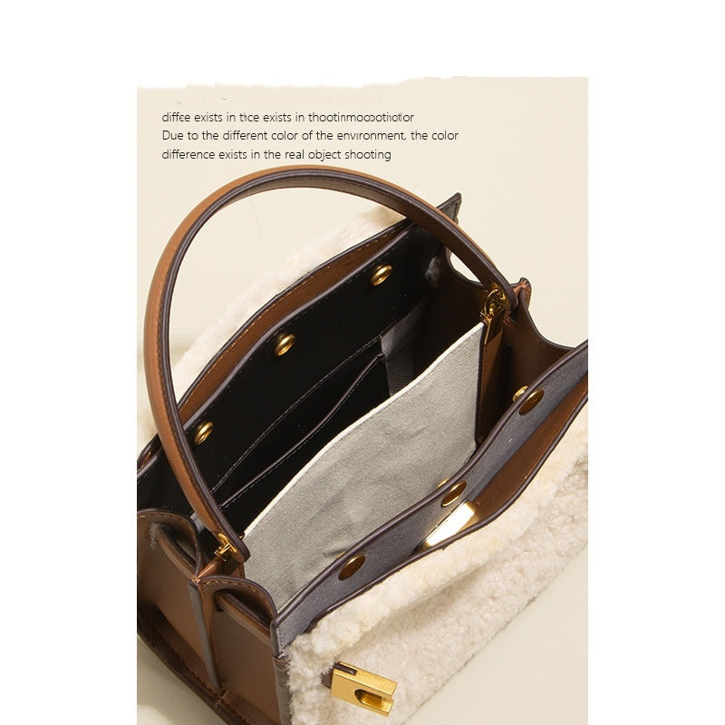 Large Lamb Wool Cowhide Leather Plush Bag, Autumn