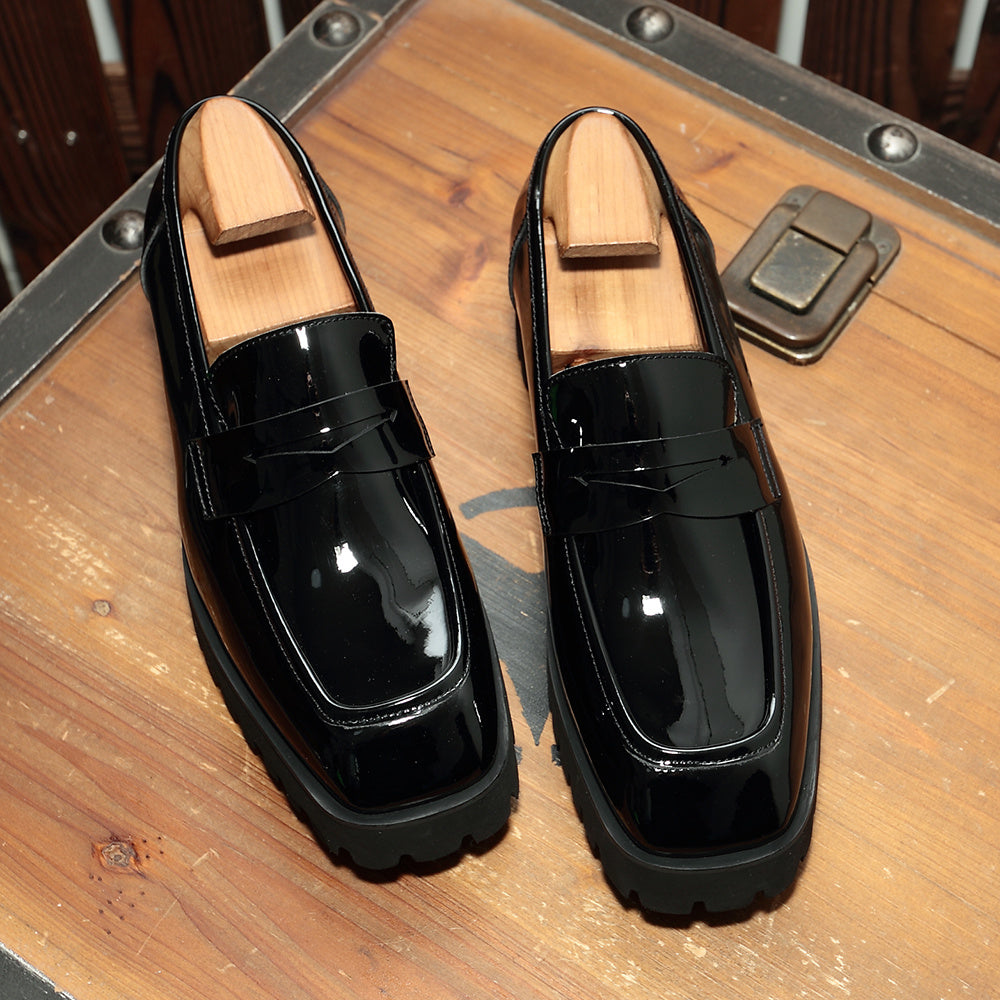 Men's Black Patent Leather Slip-on Square Toe Shoes