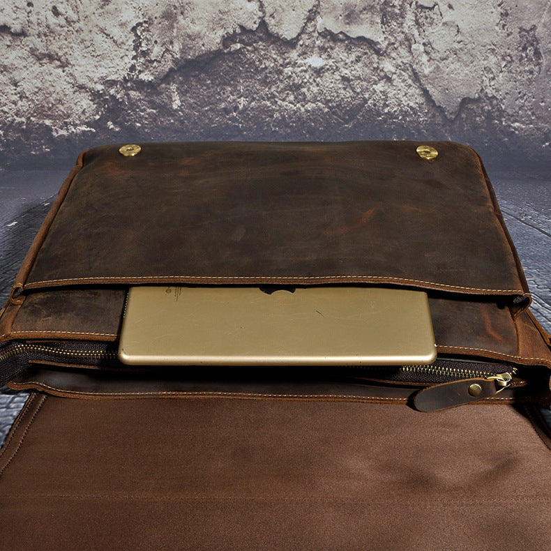 The First Layer Of Crazy Horse Leather Cowhide Men's 14-inch Computer One-shoulder Diagonal Bag