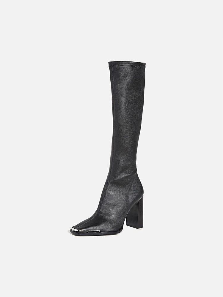 Chunky Heel Leather Slim Over-the-Knee Boots