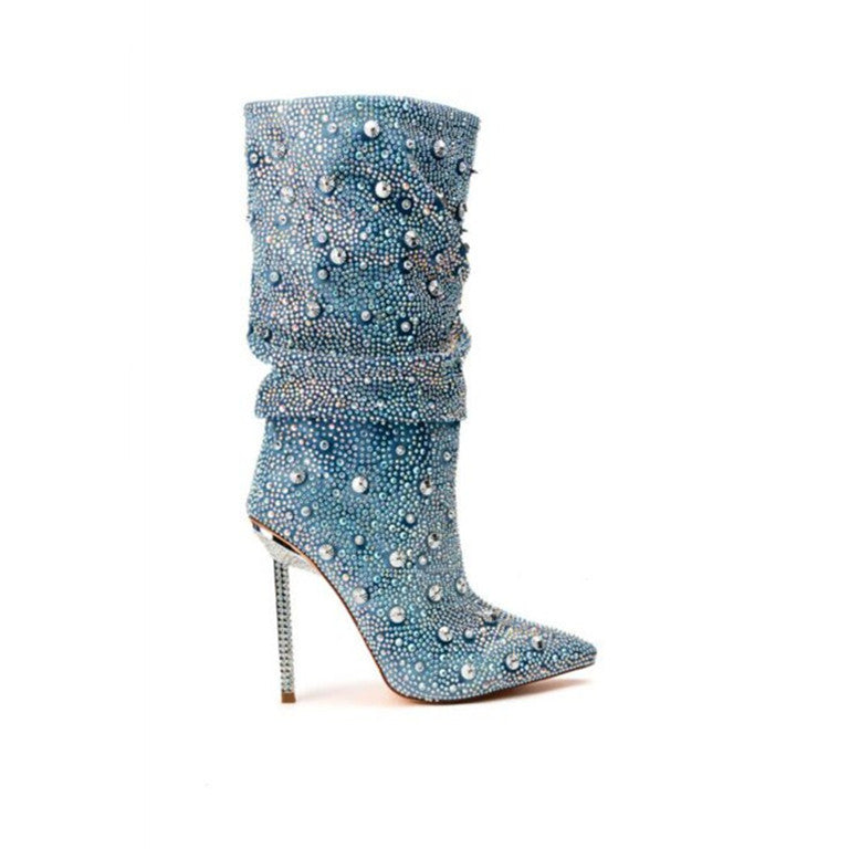 Women’s Fashion Denim Blue Pointed Toe Boots