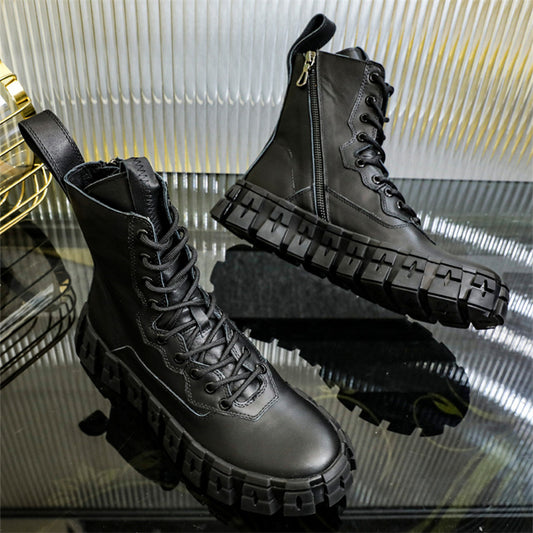 Men's Thick Sole Mid-Top Cowhide Motorcycle Boots