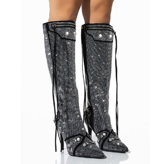 Needle Buckle Rhinestone Suede Slim Heel Boots
