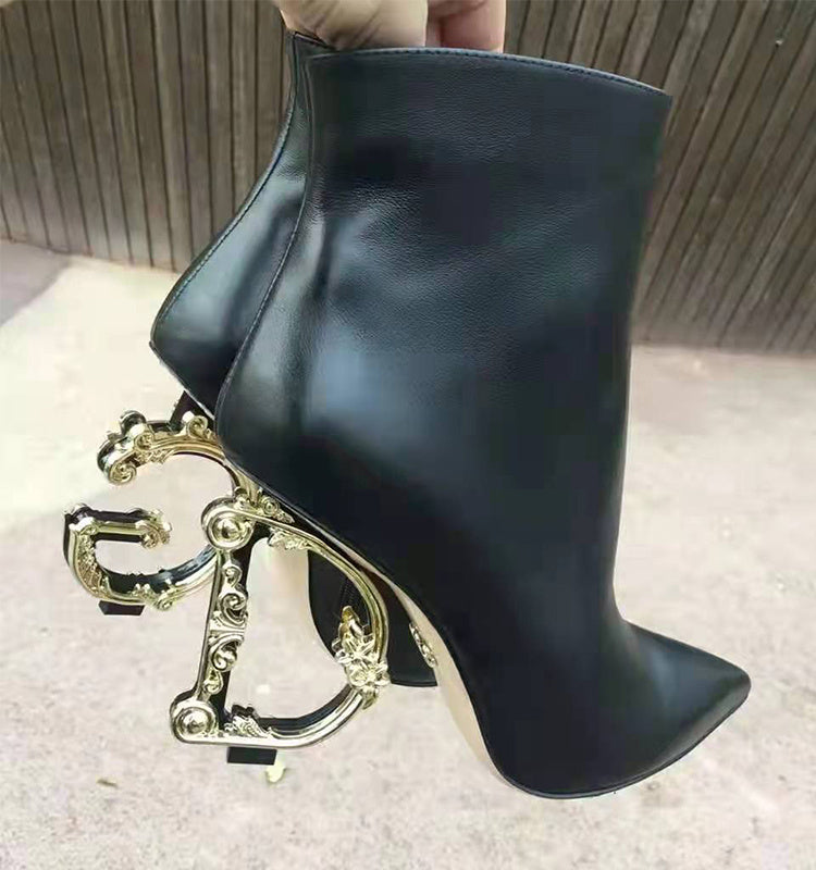 Women's Cowhide Sheepskin Pointed Toe High Heel Boots