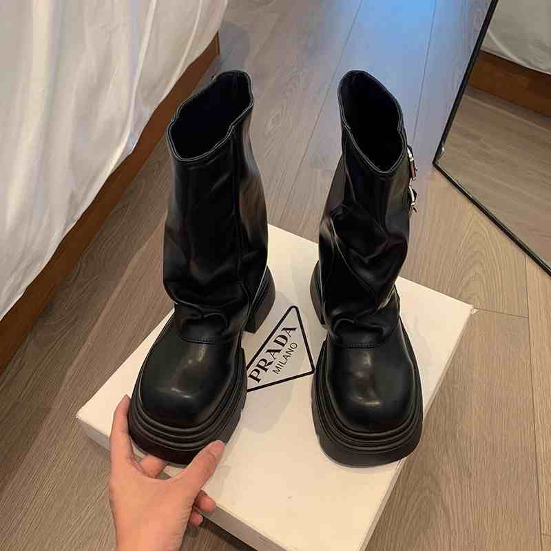 Genuine Leather Belt Buckle Platform Motorcycle Boots