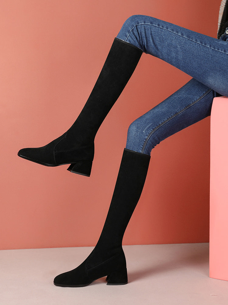 Korean Style Stretch Knee High Boots with Mid Heel