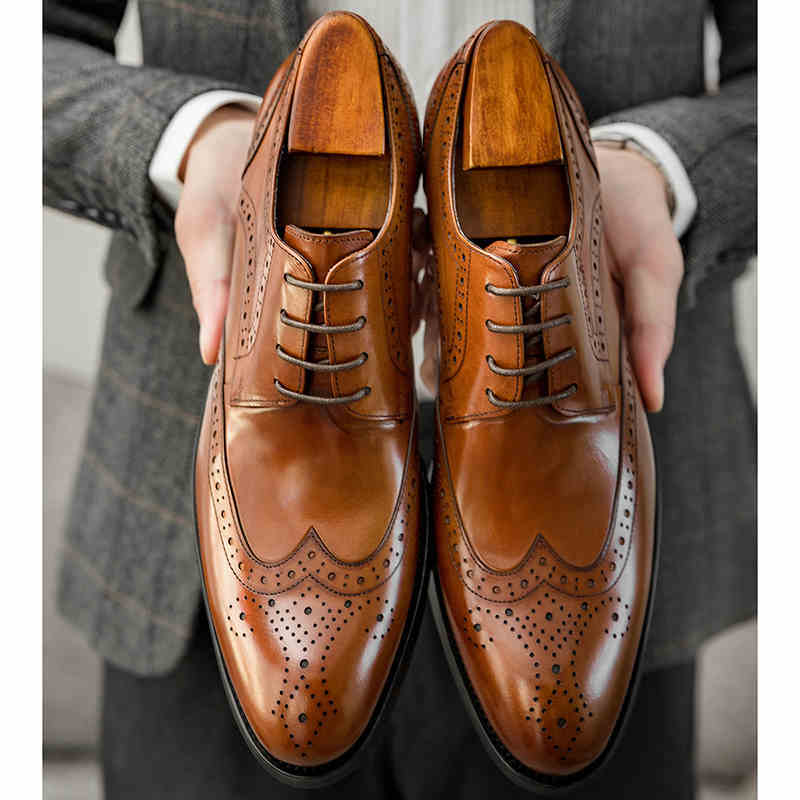 Men's Handmade Cowhide Brogue Leather Shoes, Pointed Toe