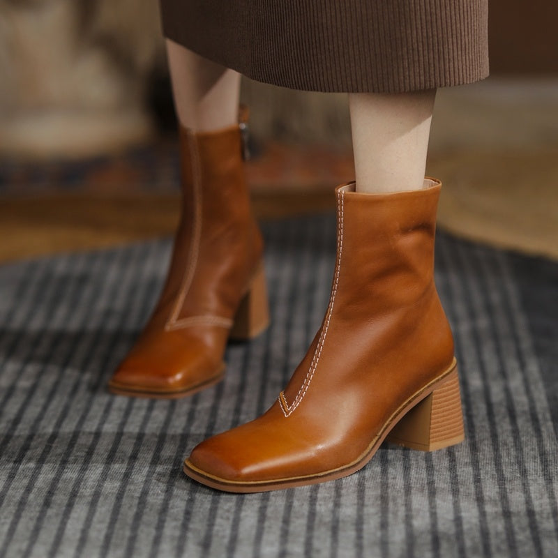 Women’s Lambskin Retro Chunky Heel Ankle Boots