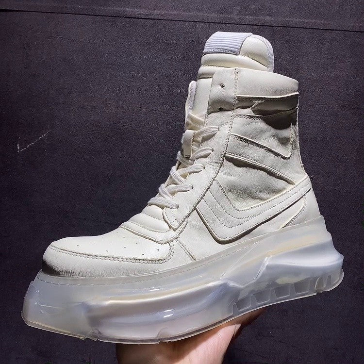 Men's White Leather High Top Sneakers, Rubber Sole