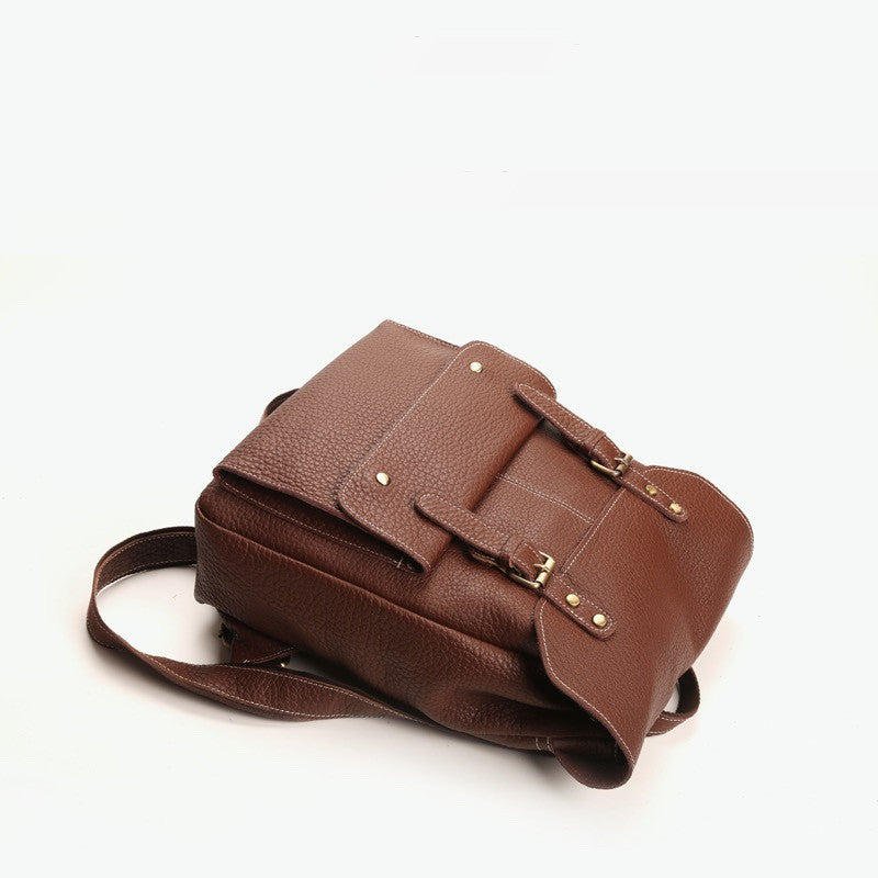 Large Capacity Women's Cowhide Leather Backpack, Black/Brown