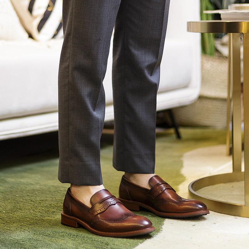 Handmade Men’s Leather Brooch Carved Loafers