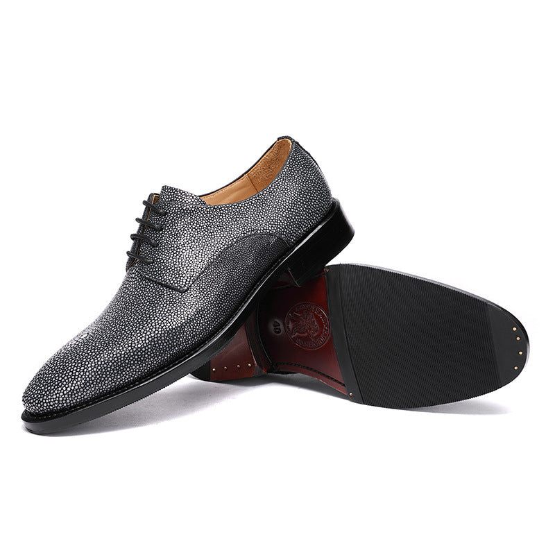 Silver Pearl Fish Skin Men's Lace-Up Leather Shoes