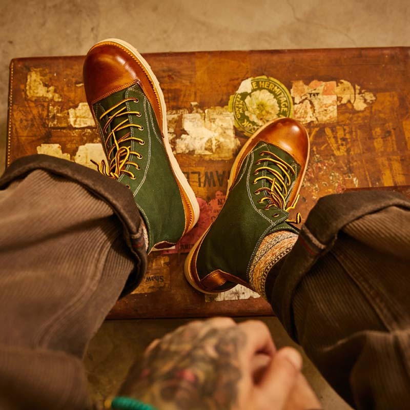 Vintage Handmade Leather Platform Canvas Short Boots