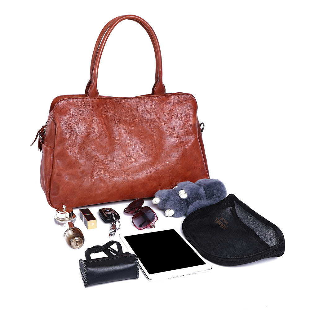 Women's Retro Large Leather Handbag - Black & Brown