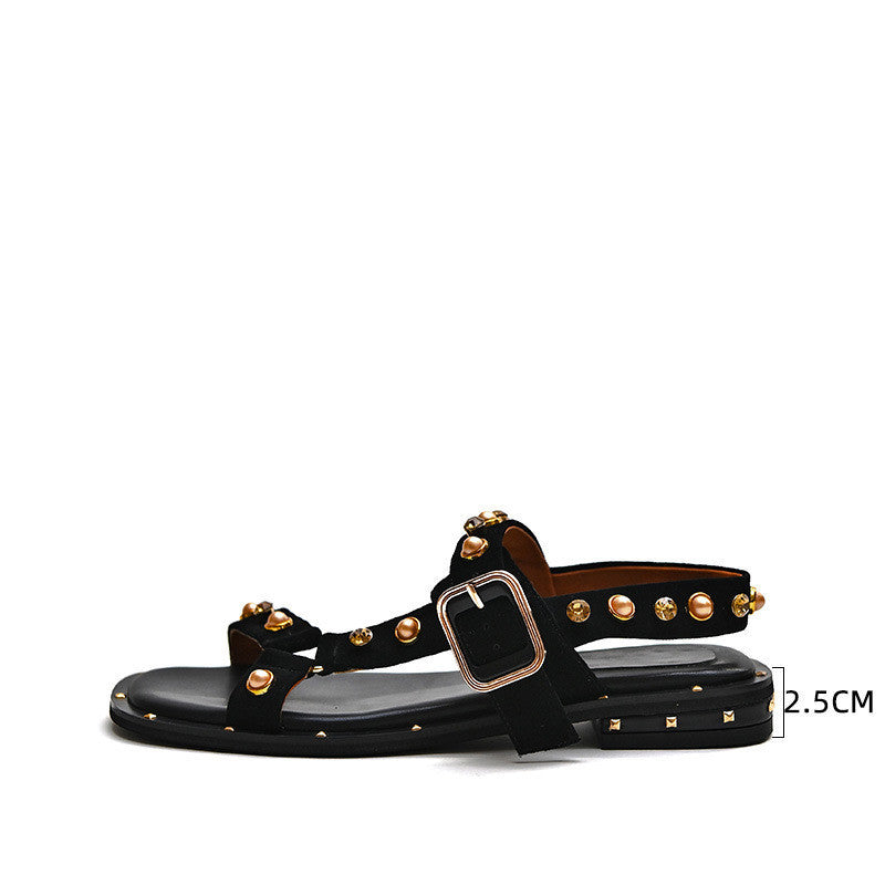 Black Flat Orange Roman Holiday Style Women's Sandals
