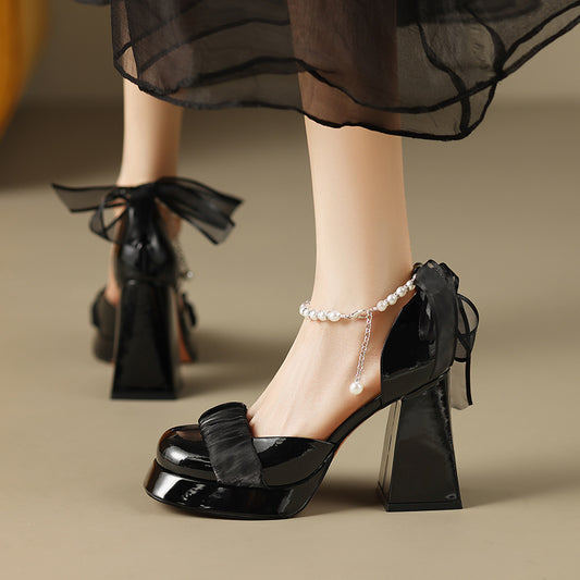 Baotou Chunky Heel Mary Jane Real Leather Shoes