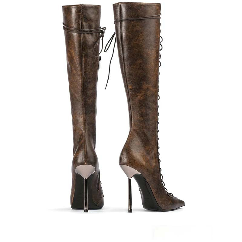 Pointed Toe Hollow Cross Lace-up Stiletto Boots