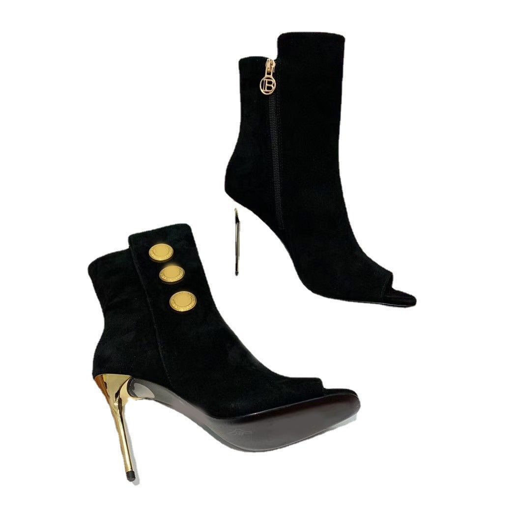 Fish Mouth Ankle Boots - Metal Buckle, 10.5cm Heel