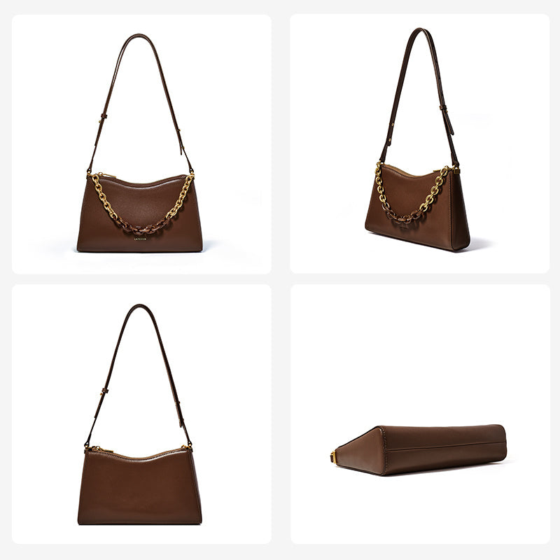 Women's French Baguette Leather Shoulder Bag - Beige Tones