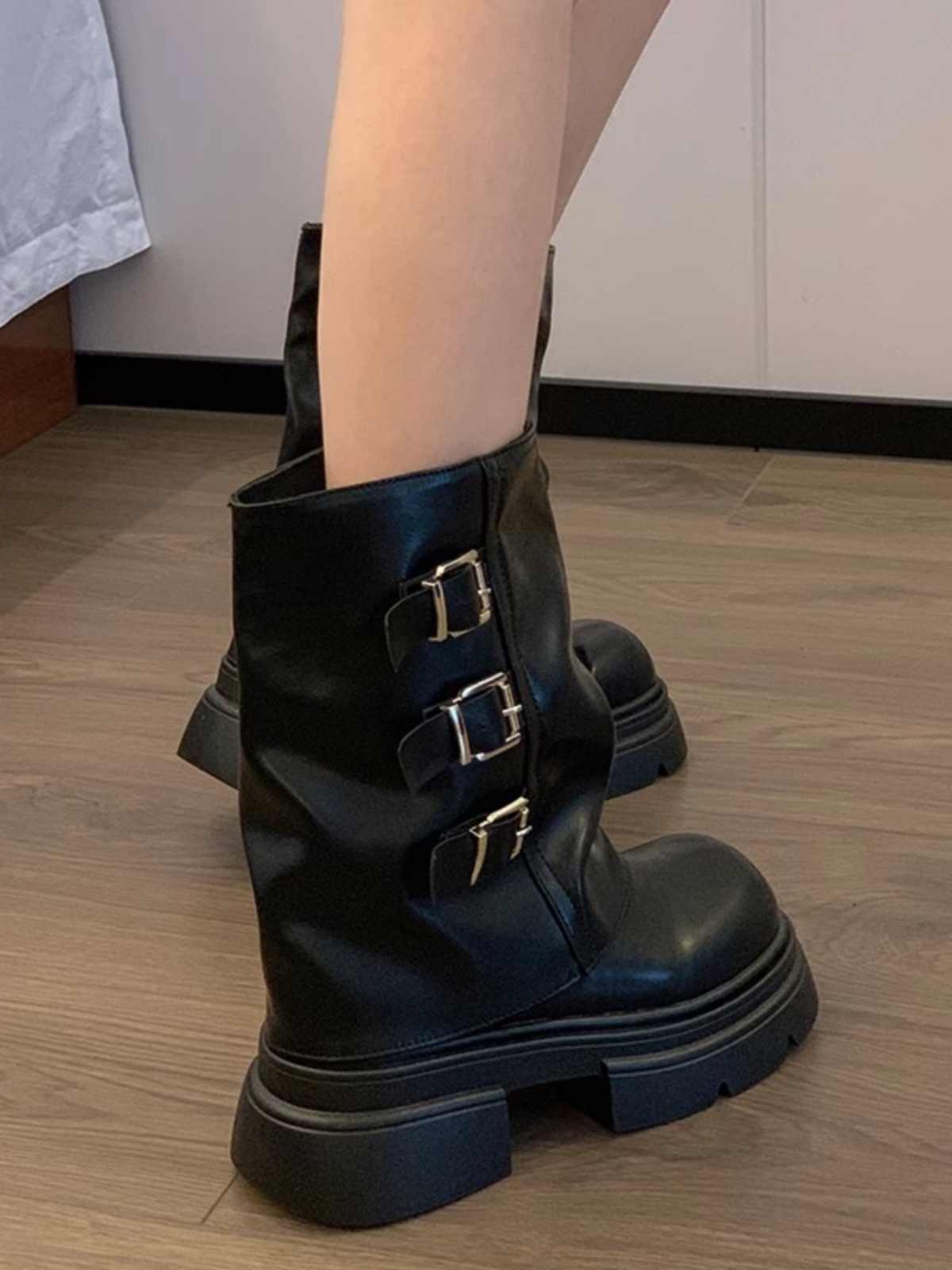 Genuine Leather Belt Buckle Platform Motorcycle Boots