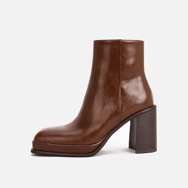 Waterproof Leather Ankle Boots Thick Heel Square Toe