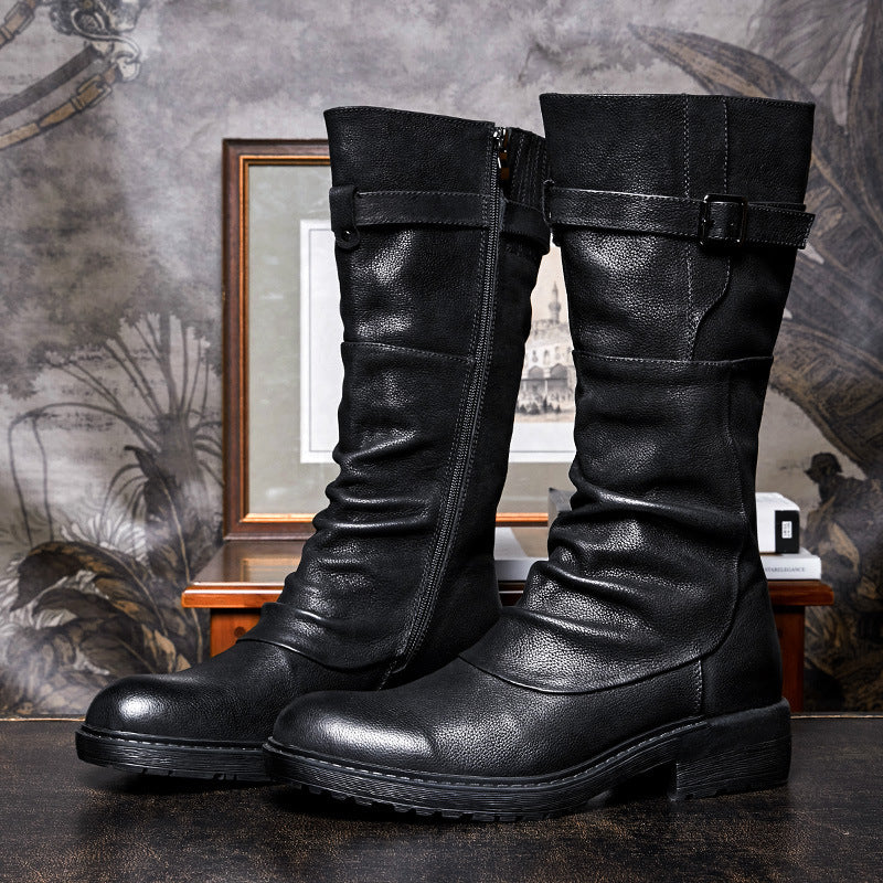 Men's High Top Platform Biker Boots, Side Zip, Black/Brown