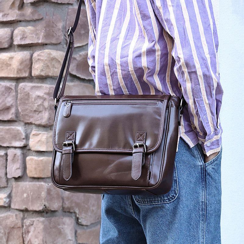 Men's Coffee Head Layer Cowhide Crossbody Shoulder Bag