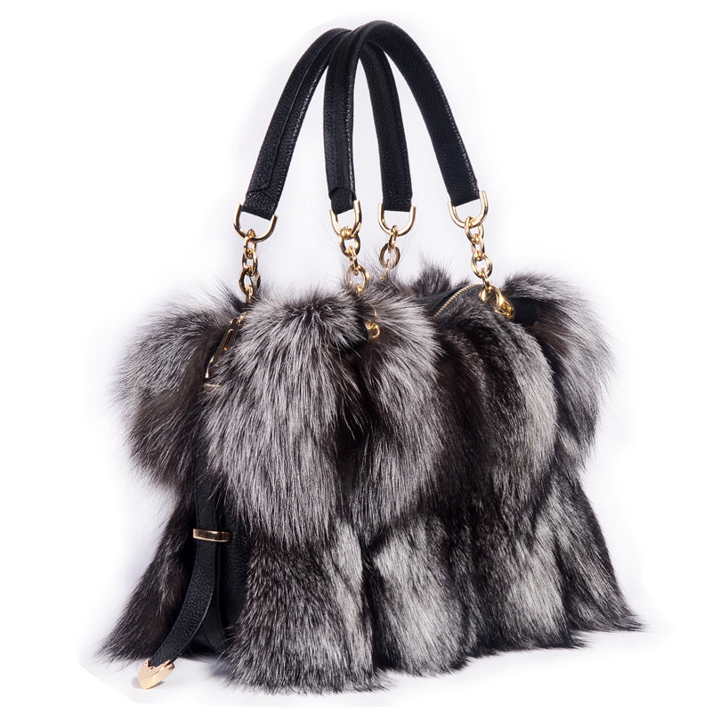 Medium Cowhide Handbag with Silver Fox Fur Stripe