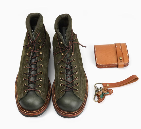 Retro Color Block Cowhide High-top Ankle Boots