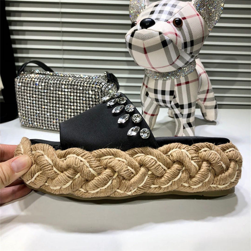 Women's Rhinestone Hemp Rope Straw Woven Thick Sole Slippers