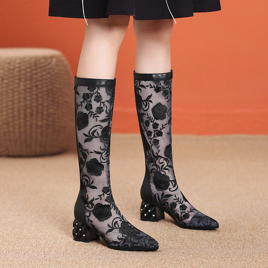 Leather Floral Embroidered Thick Heel Sandals