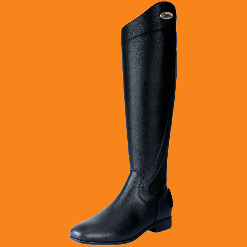 Black riding boot on an orange background
