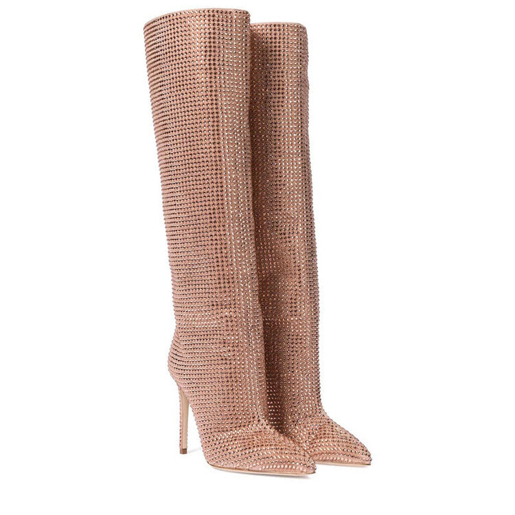 Velvet Rhinestone Pointed Toe Stiletto Boots