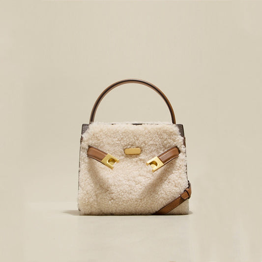 Large Lamb Wool Cowhide Leather Plush Bag, Autumn