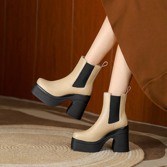 Square Toe Chunky Heel Platform Ankle Boots - Apricot/Black